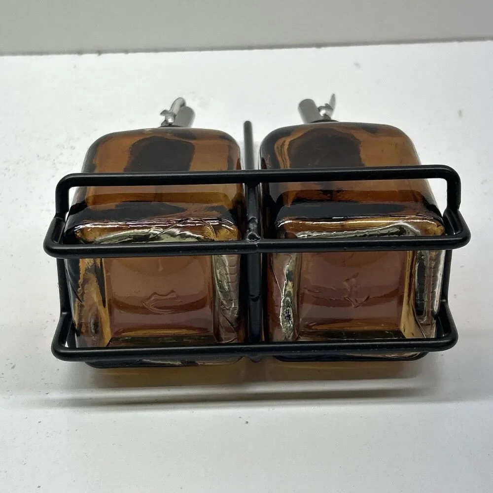 Set Of 2 Vintage Amber Bottles With Holder - Beautiful Design‎